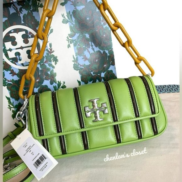 Tory Burch Kira Green Leather Shoulder Bag Stripe Chain Strap Silver Hardware - Picture 6 of 13